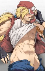  2boys 5_(1boshi) abs bara baseball_cap blonde_hair blush fatal_fury hat multiple_boys nipples open_clothes pubic_hair terry_bogard the_king_of_fighters  rating:Questionable score:11 user:H4CH1W4AN