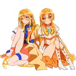 2girls blonde_hair boots closed_mouth cure_etoile cure_sunshine dress earrings frilled_dress frilled_skirt frills gloves hands_on_feet heartcatch_precure! high_heels highres hugtto!_precure jewelry kagayaki_homare legs long_hair miniskirt multiple_girls myoudouin_itsuki parted_bangs precure precure_all_stars ribbon sekiguchi_(mitemite_mitene) short_sleeves sitting skirt star_(sky) stomach