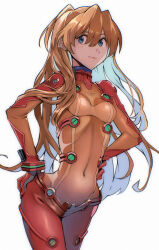  1girl blue_eyes blue_hair bodysuit breasts closed_mouth colored_inner_hair commentary covered_navel expressionless hair_between_eyes hands_on_own_hips highres long_hair looking_at_viewer multicolored_hair neon_genesis_evangelion pilot_suit plugsuit rebuild_of_evangelion red_bodysuit red_hair see-through simple_background skin_tight small_breasts solo souryuu_asuka_langley standing test_plugsuit two_side_up very_long_hair white_background yagisawa_teru 