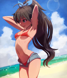 1girl ahoge antenna_hair aqua_eyes arched_back armpits arms_behind_head arms_up bare_shoulders beach bikini bikini_top_only black_hair bow breasts chuuseishi-kun cloud cowboy_shot day denim denim_shorts dutch_angle fang female_focus ganaha_hibiki hair_bow high_ponytail highres hip_focus idolmaster idolmaster_(classic) lens_flare long_hair looking_away navel open_fly open_mouth outdoors ponytail red_bikini shiny_skin short_shorts shorts sky solo striped_bikini striped_clothes swimsuit swimsuit_under_clothes thighs unzipped very_long_hair water rating:Questionable score:92 user:danbooru