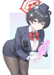  1girl absurdres animal_ear_fluff animal_ears black_eyes black_hair black_hat black_pantyhose black_skirt blue_archive blush bow bowtie breasts buttons collared_shirt extra_ears feet_out_of_frame gloves halo haniwa_(statue) hat highres holding large_breasts long_sleeves looking_at_viewer maqin pantyhose parted_lips red_bow red_bowtie red_halo shirt short_hair skirt solo tsubaki_(blue_archive) tsubaki_(guide)_(blue_archive) white_gloves white_shirt 