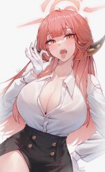  1girl absurdres ahoge artist_name aru_(blue_archive) black_skirt blue_archive blush breasts brown_horns cleavage collarbone collared_shirt commentary drooling fangs fellatio_gesture gloves halo hand_on_own_hip highres horns huge_breasts long_hair long_sleeves looking_at_viewer low_horns mouth_drool open_mouth orange_halo pencil_skirt pink_hair pumiss shirt signature simple_background skirt solo teeth thighs tongue tongue_out upper_teeth_only white_background white_gloves white_shirt yellow_eyes 