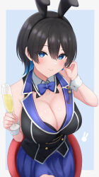  1girl absurdres adjusting_hair animal_ears bare_shoulders black_hair black_vest blue_background blue_bow blue_bowtie blue_eyes blue_hair blue_skirt blush border bow bowtie breasts bunny_garden champagne_flute cleavage cup detached_collar drinking_glass fake_animal_ears highres holding holding_cup large_breasts looking_at_viewer miniskirt miuka_(bunny_garden) nontraditional_playboy_bunny pleated_skirt rabbit_ears short_hair skirt smile solo vest wachikumori white_border wrist_cuffs  rating:Sensitive score:3 user:danbooru