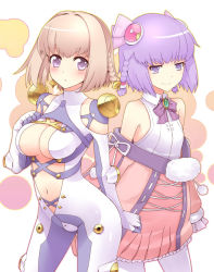  2girls ar_tonelico ar_tonelico_iii back-to-back blonde_hair blush bodysuit bow bowtie braid breasts brooch buttons center_opening clenched_hands cosplay costume_switch cowboy_shot cross-laced_clothes flat_chest frills grey_hair gust hair_intakes hair_ornament halterneck hand_on_own_chest jewelry kamoto_tatsuya light_smile looking_at_viewer medium_breasts multiple_girls navel off_shoulder outline pantyhose parted_lips pom_pom_(clothes) purple_eyes purple_hair ribbon ribbon_trim saki_(ar_tonelico) saki_(ar_tonelico)_(cosplay) short_hair side_braid sleeves_past_wrists small_breasts smile tilia tilia_(ar_tonelico) tilia_(cosplay) turtleneck twin_braids white_background white_legwear  rating:Sensitive score:21 user:danbooru