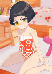  1girl barefoot bed black_hair blush bob_cut bodypaint chair cleft_of_venus completely_nude flat_chest highres indoors kintarou loli lolicom looking_at_viewer navel nude original pussy short_hair sitting smile solo wariza yellow_eyes 