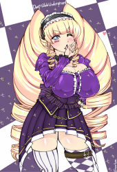  1girl blonde_hair blue_eyes breasts cleavage deep_web_underground deep_web_underground_(character) drill_hair facepaint highres huge_breasts long_hair maid_headdress maremare one_eye_closed solo striped_legwear thick_thighs thighs twin_drills very_long_hair virtual_youtuber 