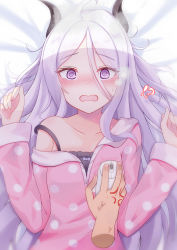  !? 1girl @_@ absurdres ahoge anger_vein bed_sheet blue_archive blush demon_horns disembodied_hand hair_ornament highres hina_(blue_archive) hina_(pajamas)_(blue_archive) holding_mouse_(computer) horns long_hair long_sleeves looking_at_viewer lying mouse_(computer) nose_blush on_back open_mouth pajamas polka_dot polka_dot_pajamas purple_eyes solo_focus white_hair yasutarou  rating:Sensitive score:31 user:danbooru