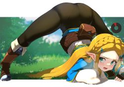 1girl aqua_eyes arm_rest ass belt_pouch black_pants blonde_hair blue_eyes blue_shirt blush boots braid breath brown_footwear elf fingerless_gloves from_side gameplay_mechanics gloves gold_trim grass hair_ornament hairclip health_bar highres jack-o&#039;_challenge kashu_(hizake) legs_apart long_hair long_sleeves nintendo open_mouth pants pointy_ears pouch princess_zelda shirt solo sweat sweatdrop symbol-only_commentary the_legend_of_zelda the_legend_of_zelda:_breath_of_the_wild tight_clothes tight_pants top-down_bottom-up rating:Questionable score:266 user:danbooru