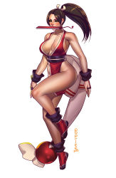 1girl 2015 armor arms_at_sides artist_logo bare_legs bare_shoulders blush breasts brown_eyes brown_hair cleavage folded_fan eyeshadow fatal_fury floating_hair folding_fan full_body hair_ribbon halterneck hand_fan highres japanese_armor kote large_breasts leg_lift legband long_hair makeup mouth_hold multicolored_clothes ninja no_bra no_panties obi pelvic_curtain ponytail pop-lee revealing_clothes ribbon sash shiranui_mai side_slit sideboob signature simple_background sleeveless solo tabi the_king_of_fighters thighs uniform white_background wristband rating:Questionable score:20 user:danbooru