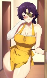  1girl apron averting_eyes blurry blurry_background blush breasts breasts_apart collarbone commentary commission cowboy_shot doorway english_commentary eyepatch hand_up highres indoors large_breasts leaning_to_the_side lindaroze looking_to_the_side medium_hair mirai_nikki naked_apron paid_reward_available pov_doorway purple_eyes purple_hair solo thighs twitter_username uryuu_minene watermark web_address yellow_apron 
