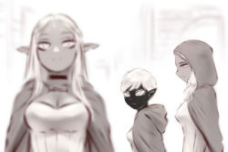  3girls :3 breasts choker cithis cleavage cloak commentary dark-skinned_female dark_elf dark_skin distracted_boyfriend_(meme) dungeon_meshi elf english_commentary facial_mark flamela forehead_mark greyscale hood hooded_cloak long_hair looking_at_another medium_breasts meme monochrome multiple_girls open_mouth pointy_ears short_hair shpo smile 
