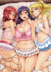 10s 3girls ankle_lace-up ass ayase_eli bare_shoulders bed bikini blonde_hair blush breasts camisole cleavage cross-laced_footwear female_focus frilled_bikini frills from_above front-tie_top full-face_blush highres huge_breasts jewelry large_breasts long_hair looking_at_viewer love_live! love_live!_school_idol_project lying multiple_girls natsuiro_egao_de_1_2_jump! navel necklace nishikino_maki on_back on_side open_mouth plump ponytail purple_hair red_hair see-through shiny_skin sian skindentation skirt smile strap_gap swimsuit thigh_gap thighs tongue tojo_nozomi rating:Questionable score:306 user:danbooru