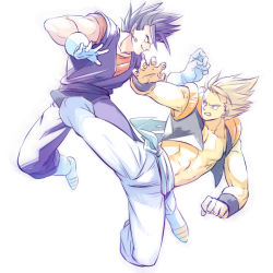  2boys bakusou_k bare_pectorals black_eyes black_hair blonde_hair blue_eyes boots dougi dragon_ball dragonball_z earrings fighting frown gloves gogeta jewelry looking_at_another male_focus multiple_boys pectorals serious short_hair simple_background super_saiyan super_saiyan_1 vegetto white_background 