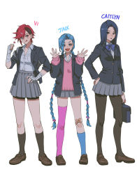  3girls :d :o alternate_costume arcane_caitlyn asymmetrical_bangs asymmetrical_legwear bag bandaged_arm bandages bike_shorts_under_skirt black_hair black_jacket blue_bow blue_bowtie blue_hair blue_socks bow bowtie braid breast_pocket brown_footwear brown_legwear caitlyn_(league_of_legends) candy character_name fang food full_body grey_skirt hair_ornament hand_on_own_hip highres holding holding_bag holding_candy holding_food holding_lollipop jacket jinx_(league_of_legends) kneehighs league_of_legends lollipop long_hair long_sleeves miniskirt mismatched_legwear multiple_girls noriuma open_clothes open_jacket open_mouth pantyhose pink_legwear pink_sweater pocket school_uniform shirt_tucked_in siblings sisters skirt smile socks standing sweater tongue tongue_out twin_braids twintails vi_(league_of_legends) x_hair_ornament  rating:Sensitive score:28 user:danbooru