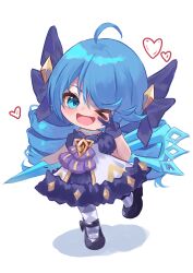 &gt;_o 1girl ;d absurdres ahoge black_bow black_dress black_footwear blue_hair bow chibi dress drill_hair green_eyes gwen_(league_of_legends) hair_bow heart highres holding holding_scissors league_of_legends long_hair looking_at_viewer momikodayo one_eye_closed open_mouth pantyhose puffy_short_sleeves puffy_sleeves scissors short_sleeves simple_background smile solo twin_drills twintails white_background white_dress rating:General score:4 user:danbooru