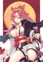 1girl amputee arc_system_works artist_name baiken big_hair breasts cleavage collarbone eyepatch facial_tattoo female_focus fingerless_gloves gloves guilty_gear guilty_gear_strive hair_tie highres jacket jacket_on_shoulders japanese_clothes katana kimono large_breasts long_hair looking_at_viewer matching_hair/eyes open_clothes open_jacket parted_lips pink_eyes pink_hair ponytail samurai sash scar scar_across_eye solo sword tattoo torn_clothes torn_kimono torn_sleeves weapon