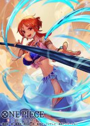  1girl arm_tattoo armlet bra commentary_request copyright_name earrings floating_clothes hair_bun holding holding_staff holding_weapon jewelry log_pose looking_at_viewer motion_lines nami_(one_piece) navel nijimaarc official_art one_piece one_piece_card_game orange_hair side_slit sidelocks skirt smoke solo staff tattoo tongue tongue_out underwear weapon 