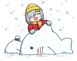 alternate_costume beanie closed_eyes coat facing_viewer grey_hair hama!_(3toshinhmkz) hamakaze_(kancolle) hat kantai_collection no_nose orange_scarf red_coat scarf shark short_hair smile snow snow_sculpture striped_clothes striped_scarf upper_body winter_clothes yellow_hat rating:General score:1 user:danbooru