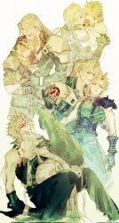  2boys age_progression aged_down arm_armor armor arms_up bandaged_arm bandages belt black_materia black_pants black_vest black_wings blonde_hair blood blood_on_clothes blue_eyes blush bracer child closed_eyes cloud_strife coat commentary couple covering_own_mouth crisis_core_final_fantasy_vii cropped_legs english_commentary expressionless feathered_wings final_fantasy final_fantasy_vii final_fantasy_vii_advent_children final_fantasy_vii_ever_crisis final_fantasy_vii_rebirth final_fantasy_vii_remake gloves grey_hair hand_on_another&#039;s_head hand_on_another&#039;s_waist hand_up head_on_chest high_collar highres holding holding_paper hug injury licking light_smile long_bangs long_hair looking_at_another looking_down looking_to_the_side male_focus military_uniform multiple_belts multiple_boys multiple_views pants paper parted_bangs parted_lips pauldrons scarf sephiroth shikabe37 shinra_infantry_uniform shirt short_hair shoulder_armor signature single_pauldron single_wing sleeveless sleeveless_sweater sleeveless_turtleneck spiked_hair suspenders sweater turtleneck turtleneck_sweater uniform vest white_shirt wings yaoi yellow_theme 