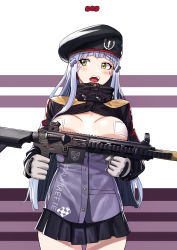  1girl ass assault_rifle bad_id bad_pixiv_id black_hat black_skirt blue_hair blunt_bangs blush breast_lift breasts breasts_out clothes_writing commentary_request cowboy_shot emblem eyes_visible_through_hair facial_mark girls&#039;_frontline gloves green_eyes gun h&amp;k_hk416 hair_ornament hairpin hat heckler_&amp;_koch high_collar highres hk416_(girls&#039;_frontline) holding holding_gun holding_weapon ihobus jacket korean_commentary long_hair long_sleeves miniskirt no_bra open_clothes open_jacket open_mouth pasties pleated_skirt purple_jacket rifle skirt solo straight_hair striped striped_background teeth thighs upper_teeth_only weapon white_gloves  rating:Questionable score:12 user:danbooru