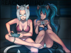 2girls animal_ears asymmetrical_hair barefoot blue_eyes bra breasts cameltoe cat_ears cat_tail cleavage controller couch covered_erect_nipples dark-skinned_female dark_skin food game_console game_controller gamepad glasses green_hair knees_together_feet_apart large_breasts long_hair multiple_girls nekochank original panties playing_games pocky red_eyes semi-rimless_eyewear short_hair side_ponytail sitting slit_pupils strap_slip striped_clothes striped_panties super_famicom super_famicom_gamepad tail under-rim_eyewear underwear underwear_only white_hair