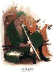  1boy bandana_around_arm bird black_footwear blowing_whistle boots closed_mouth commentary_request earrings extra_arms flower full_body green_hair green_kimono haramaki hat highres holding holding_sword holding_weapon japanese_clothes jewelry kimono male_focus nico_robin one_piece open_mouth petals plytometo roronoa_zoro sash scar scar_on_chest sideburns sleeping sword top_hat twitter_username weapon 