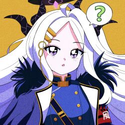  1990s_(style) 1girl ? ahoge armband belt black_coat blue_archive coat coat_on_shoulders commentary_request demon_girl demon_horns forehead fur-trimmed_coat fur_trim hair_ornament hairclip half_updo halo highres hina_(blue_archive) horns long_hair long_sleeves looking_at_viewer military_uniform open_clothes open_coat parted_bangs parted_lips portrait purple_eyes red_armband retro_artstyle sam_browne_belt sidelocks simple_background solo spoken_question_mark um99 uniform wavy_hair white_hair yellow_background 