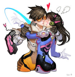 2girls ass black_hair blush bodysuit breasts cropped_jacket cropped_legs d.va_(overwatch) disarming facepaint facial_mark goggles gun handgun headphones heart highres image_sample kiss long_hair multiple_girls overwatch pistol short_hair simple_background small_breasts sohn_woohyoung surprise_kiss surprised tracer_(overwatch) weapon whisker_markings white_background holding_another&#039;s_wrist yuri rating:Sensitive score:140 user:danbooru