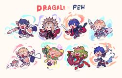  3boys 5girls alfonse_(fire_emblem) armor blonde_hair blue_cape blue_hair blunt_bangs book cape chibi chibi_only chrom_(fire_emblem) closed_mouth commentary_request dragalia_lost dragonstone dress earrings fairy fairy_wings falchion_(fire_emblem) fire_emblem fire_emblem:_mystery_of_the_emblem fire_emblem_awakening fire_emblem_heroes fjorm_(fire_emblem) green_hair grey_hair highres holding holding_polearm holding_shield holding_sword holding_weapon jewelry lance long_hair marth_(fire_emblem) multiple_boys multiple_girls mushi_rags nintendo open_book open_mouth peony_(pokemon) polearm ponytail red_cape sharena_(fire_emblem) shield short_hair sword tiara tiki_(fire_emblem) tiki_(young)_(fire_emblem) veronica_(fire_emblem) weapon white_cape wings 