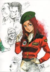  1980s_(style) 1girl 3boys beret christina_mackenzie cropped earth_federation emblem gabriel_garcia gundam gundam_0080 hat jacket looking_at_viewer looking_to_the_side mikhail_kaminsky mikimoto_haruhiko military military_uniform multiple_boys official_art oldschool production_art promotional_art red_hair retro_artstyle salute scan science_fiction signature sketch smirk steiner_hardy uniform zeon 