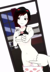  1girl 3d breasts clothes_lift grey_eyes happy highres lvl3toaster meme navel no_bra nude one_finger_selfie_challenge_(meme) pajamas phone ruby_rose rwby selfie shirt_lift smile  rating:Questionable score:206 user:bobjohnson