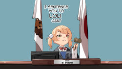  1girl blush_stickers commentary english_commentary english_text green_eyes hair_ornament hammer holding holding_hammer indie_virtual_youtuber japanese_flag judge open_mouth pedobear pom_pom_(clothes) pom_pom_hair_ornament shigure_ui_(vtuber) shigure_ui_(vtuber)_(young) short_hair solo sydus twintails virtual_youtuber 