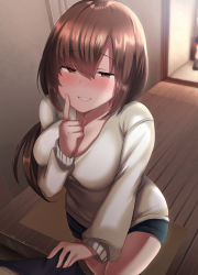 1girl blush breasts brown_eyes brown_hair bulge cleavage come_hither erection grabbing grin highres large_breasts naughty_face original parted_bangs penis_grab ponytail sabujiroko smile solo_focus sweater rating:Questionable score:24 user:danbooru