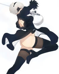  1girl 2b_(nier:automata) ass back_cutout black_blindfold black_dress black_footwear black_hairband black_thighhighs blindfold boots breasts clothing_cutout commentary dress english_commentary from_side gloves hairband high_heel_boots high_heels highres holding holding_sword holding_weapon mitsuki_nite nier:automata nier_(series) no_panties simple_background solo sword thigh_boots thighhighs weapon white_background white_hair 
