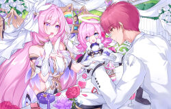 1boy 2girls :d absurdres bare_shoulders belt blue_eyes box breasts captain_(honkai_impact) cleavage clothing_cutout crystal_flower cup decorations detached_sleeves drinking_glass elbow_gloves elf_elysia elysia_(herrscher_of_human:ego)_(honkai_impact) elysia_(honkai_impact) evzeva flower gloves grass hair_between_eyes hair_ornament halo hat heart-shaped_box highres honkai_(series) honkai_impact_3rd jewelry large_breasts long_hair looking_at_another military_uniform multiple_girls naval_uniform open_mouth pink_eyes pink_hair pink_pupils red_flower red_hair red_rose ring rose shirt side_cutout smile uniform very_long_hair wedding wedding_ring white_flower white_gloves white_hat white_rose white_shirt wine_glass