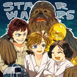  1970s_(style) 1980s_(style) 1girl 5boys alien animification astromech_droid bad_id bad_pixiv_id blonde_hair blue_eyes body_hair brother_and_sister brown_hair c-3po carrie_fisher chewbacca closed_eyes fangs friends han_solo hand_on_another&#039;s_head happy harrison_ford laughing looking_at_another looking_at_viewer luke_skywalker mark_hamill multiple_boys oldschool open_mouth princess_leia_organa_solo r2-d2 retro_artstyle robot science_fiction siblings sideburns smile star_(symbol) star_wars star_wars:_a_new_hope starry_background sutinki vest wookiee 