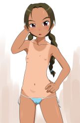  1girl abenobashi_mahou_shoutengai asahina_arumi braid brown_hair bubukka cameltoe commentary_request flat_chest loli long_hair looking_at_viewer navel nipples one-piece_tan open_mouth red_eyes simple_background solo swimsuit tagme tan tanline topless twin_braids  rating:Questionable score:179 user:minty-sama