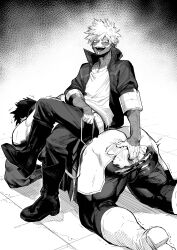 2boys anal_fingering anus ass bara bodysuit boku_no_hero_academia boots crossed_legs dabi_(boku_no_hero_academia) endeavor_(boku_no_hero_academia) father_and_son fingering greyscale highres incest jacket kneeling male_ass male_focus migi_(mm86262394) monochrome multiple_boys multiple_scars muscular muscular_arms muscular_back muscular_legs muscular_male open_clothes open_jacket open_mouth pants prostate_stimulation scar scar_on_hand scar_on_neck short_hair smile spiked_hair staple stapled thick_thighs thighs toned toned_male torn_clothes yaoi  rating:Explicit score:22 user:danbooru