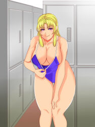  00s 1girl artist_request bare_legs bible_black blonde_hair blue_one-piece_swimsuit breasts clothes_pull curvy hand_on_knee hand_on_own_knee highleg highleg_swimsuit highres large_breasts locker locker_room long_hair looking_at_viewer naughty_face one-piece_swimsuit open_mouth pulled_by_self purple_eyes saeki_kaori shiny_skin smile solo spread_legs standing swimsuit swimsuit_pull teasing wide_hips 