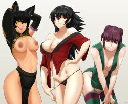  3girls :p an_ren animal_ears areola_slip arms_behind_head bent_over black_hair black_panties breastless_clothes breasts cat_ears cleavage dress ear_piercing elbow_gloves female_focus gloves green_dress grin hand_on_own_hip hands_on_legs hands_on_own_legs hands_on_own_thighs hands_on_thighs highres kali_belladonna large_breasts leaning_forward lip_biting long_hair looking_at_viewer matching_hair/eyes mature_female multiple_girls naughty_face navel no_bra no_panties panties panty_pull pelvic_curtain piercing pink_eyes purple_eyes purple_hair raven_branwen red_eyes revealing_clothes rwby seductive_smile short_dress short_hair simple_background sinccubi smile standing thighhighs tongue tongue_out trait_connection underwear white_background yellow_eyes 