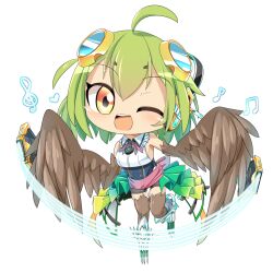  1girl :d ahoge bird_legs black_corset boots breasts brown_shorts brown_wings buttons cape character_request chibi commentary_request corset feathered_wings frilled_shirt_collar frills full_body green_hair harpy headphones hop_step_jumpers lets0020 looking_at_viewer medium_bangs medium_breasts monster_girl musical_note one_eye_closed open_mouth pink_sash sash shirt short_hair shorts simple_background sleeveless sleeveless_shirt smile solo staff_(music) teeth transparent_background upper_teeth_only waist_cape white_cape white_footwear white_shirt winged_arms wings yellow_eyes 