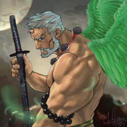 1boy bara beads beard dated facial_hair feathered_wings green_wings grey_hair hogen_(housamo) holding holding_sword holding_weapon horns katana male_focus masaharu_masaharu moon muscular muscular_male old old_man prayer_beads smile solo standing sword tokyo_houkago_summoners weapon wings 