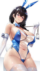 1girl absurdres animal_ears bare_shoulders black_hair blue_bow blue_bowtie blue_leotard blue_thighhighs blush bow bowtie braid braided_ponytail breasts cleavage closed_mouth commentary covered_erect_nipples covered_navel curvy detached_collar elbow_cuffs elbow_gloves fake_animal_ears fake_tail gloves goddess_of_victory:_nikke hair_between_eyes hair_ornament hair_over_shoulder half-closed_eyes hand_up highleg highleg_leotard highres holding huge_breasts id_card lanyard large_breasts leotard long_hair looking_at_viewer mary_(medical_rabbit)_(nikke) mary_(nikke) meme_attire official_alternate_costume playboy_bunny purple_eyes rabbit_ears rabbit_hair_ornament rabbit_tail shiny_skin simple_background smile solo strapless strapless_leotard sweat tail thick_thighs thighhighs thighs tomohiro_kai traditional_bowtie translucent_bunnysuit unusually_open_eyes white_background white_gloves white_thighhighs wide_hips  rating:Questionable score:38 user:danbooru