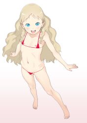  1girl aurore barefoot bikini blonde_hair blue_eyes blush cameltoe cleft_of_venus fat_mons feet flat_chest from_above frontal_wedgie full_body groin legs loli long_hair looking_at_viewer looking_up micro_bikini navel nipple_slip nipples no_shoes no_socks original partially_visible_vulva pussy red_bikini smile solo spread_toes standing swimsuit takatou_sora teeth thighs third-party_edit toes tongue twintails uncensored upper_teeth_only wardrobe_malfunction wedgie white_background 