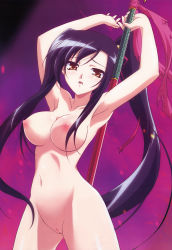  1girl absurdres black_hair blush breasts female_focus gradient_background highres kan&#039;u_(koihime_musou) koihime_musou legs long_hair nipples nude nude_filter pussy solo thighs third-party_edit uncensored  rating:Explicit score:68 user:spotless