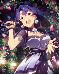  1girl blue_dress blue_hair breasts card_(medium) cleavage dress earrings hat idolmaster idolmaster_million_live! idolmaster_million_live!_theater_days jewelry lamppost large_breasts medium_breasts microphone official_art open_mouth red_eyes solo toyokawa_fuka 