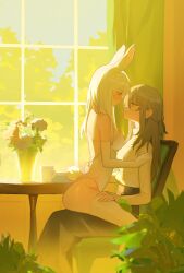 2girls absurdres animal_ears blush breasts chair closed_mouth cup curtains elbow_gloves flower girl_on_top gloves highres indoors leotard long_hair multiple_girls nago_nago original playboy_bunny rabbit_ears red_eyes sitting sitting_on_person straddling tail vase white_gloves white_hair white_leotard window yuri
