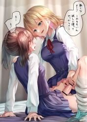  1futa 1girl ayanakitori bar_censor blonde_hair blush brown_hair censored check_translation dress erection femdom futa_with_female futanari hand_on_another&#039;s_shoulder highres looking_at_another loose_socks multiple_girls open_mouth original penis pinafore_dress pussy red_hair school_uniform short_twintails sitting sleeveless sleeveless_dress smile socks sweat translated translation_request twintails uniform  rating:Explicit score:192 user:danbooru