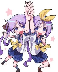  2girls arm_up badluck2033 blue_eyes blush commentary_request highres hiiragi_kagami hiiragi_tsukasa holding_hands interlocked_fingers long_hair looking_at_viewer lucky_star multiple_girls open_mouth purple_hair school_uniform serafuku short_hair siblings sisters smile star_(symbol) twintails 