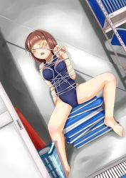 1girl bdsm blindfold blush bondage bound brown_hair competition_swimsuit one-piece_swimsuit original rope short_hair sitting solo spread_legs swimsuit tani_(y/s/k) tape taped_eyes rating:Questionable score:33 user:danbooru